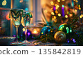 Festive mardi gras celebration with champagne and colorful lights. Horizontal banner. Copy space. Holiday template. Shrove Tuesday. Fat Tuesday. Carnaval 135842819