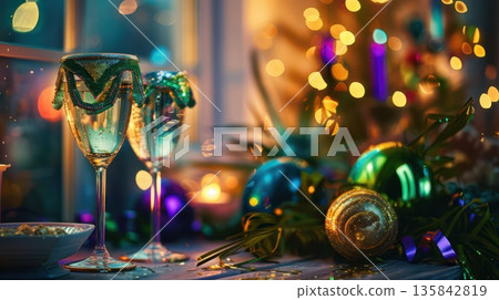 Festive mardi gras celebration with champagne and colorful lights. Horizontal banner. Copy space. Holiday template. Shrove Tuesday. Fat Tuesday. Carnaval Festive mardi gras celebration with champagne and colorful lights. Horizontal banner. Copy space. Holiday template. Shrove Tuesday. Fat Tuesday. Carnaval 135842819