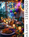 Festive mardi gras celebration table setting with colorful decorations and lights 135842820