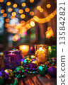 Enchanting mardi gras celebration with candles and festive beads under twinkling lights. Vertical banner. Copy space. Holiday template. Shrove Tuesday. Fat Tuesday. Carnaval 135842821