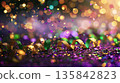 Festive mardi gras celebration with colorful glitter and ribbons. Horizontal banner. Copy space. Holiday template. Shrove Tuesday. Fat Tuesday. Carnaval 135842823