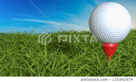 Golf Ball on Tee with Scenic Green Course Landscape 3d render. Golf Ball on Tee with Scenic Green Course Landscape 3d render. 135842874