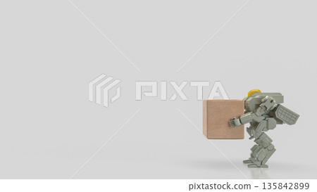 Industrial Robot Carrying Heavy Box Automation Concept Illustration 3d render. 135842899