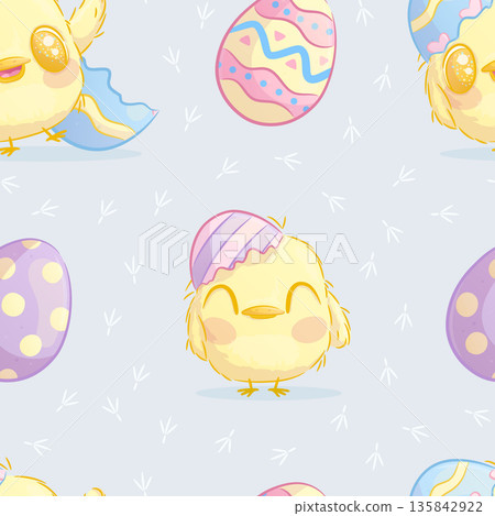 Seamless pattern with yellow fluffy chickens and Easter eggs on a blue background. Vector illustration for postcards, posters, banners, printing Seamless pattern with yellow fluffy chickens and Easter eggs on a blue background. Vector illustration for postcards, posters, banners, printing 135842922