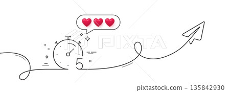 Timer 5 minutes line icon. Continuous line with share plane. Stopwatch time sign. Countdown clock symbol. Hearts rate review in speech bubble. Timer single line ribbon. Loop curve pattern. Vector Timer 5 minutes line icon. Continuous line with share plane. Stopwatch time sign. Countdown clock symbol. Hearts rate review in speech bubble. Timer single line ribbon. Loop curve pattern. Vector 135842930
