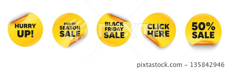 Hurry up sale sticker tag. 50 percent discount, Black friday paper price banners. Hurry up sale tag. Special offer sign. Advertising discounts symbol. Click here sticker. Vector 135842946