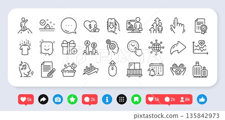 Volunteer, Cursor and Teacher line icons pack. Social media: share, comment, like icons. Notification calendar, Time management, Cardio training web icon. Vector 135842973