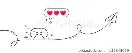 Gamepad line icon. Continuous line with share plane. Game joystick sign. symbol. Hearts rate review in speech bubble. Gamepad single line ribbon. Loop curve pattern. Vector Gamepad line icon. Continuous line with share plane. Game joystick sign. symbol. Hearts rate review in speech bubble. Gamepad single line ribbon. Loop curve pattern. Vector 135843029