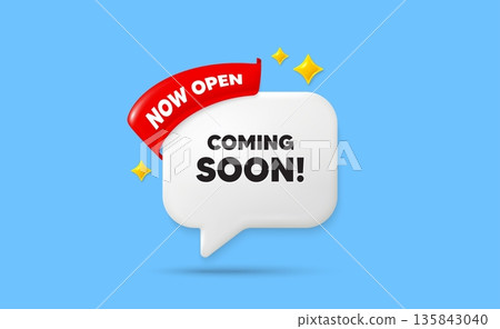 Coming soon ribbon speech bubble. Now open flag ribbon. Coming soon tag. Promotion banner sign. New product release symbol. 3d sparkle stars speech bubble. Vector Coming soon ribbon speech bubble. Now open flag ribbon. Coming soon tag. Promotion banner sign. New product release symbol. 3d sparkle stars speech bubble. Vector 135843040