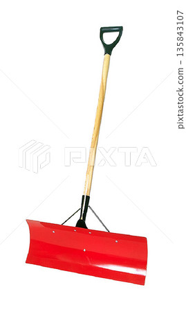a Red Snow Pusher Shovel with Wooden Handle 135843107