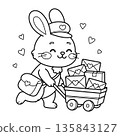 Illustration of a happy mail bunny pulls a wagon full of love letters  135843127