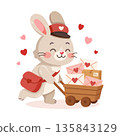 Vector Illustration of adorable rabbit postman pushes a cart full of love letters 135843129