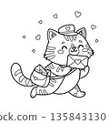 Illustration of a cute cat postman carries love letters with hearts in cheerful line art drawing 135843130