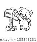 Illustration of a cute bear sending a love letter into a mailbox in black and white coloring design 135843131