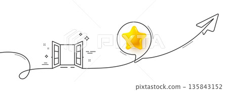 Open door line icon. Continuous line with share plane. Entrance doorway sign. Building exit symbol. 3d star in speech bubble. Open door single line ribbon. Loop curve pattern. Vector 135843152
