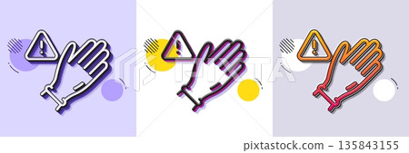 Dont touch without gloves line icon. Halftone dotted pattern. Gradient icon with grain shadow. Hand warning sign. Hygiene notification symbol. Line use gloves icon. Various designs. Vector 135843155