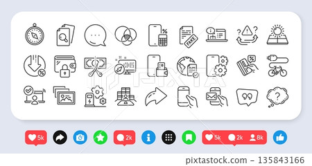 Question mark, Cut tax and Sun energy line icons pack. Social media: share, comment, like icons. Online voting, Web system, Fake news web icon. Inspect, Inventory, Electric bike pictogram. Vector Question mark, Cut tax and Sun energy line icons pack. Social media: share, comment, like icons. Online voting, Web system, Fake news web icon. Inspect, Inventory, Electric bike pictogram. Vector 135843166