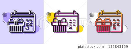 Christmas calendar line icon. Halftone dotted pattern. Gradient icon with grain shadow. New year presents day sign. Surprise symbol. Line christmas calendar icon. Various designs. Vector Christmas calendar line icon. Halftone dotted pattern. Gradient icon with grain shadow. New year presents day sign. Surprise symbol. Line christmas calendar icon. Various designs. Vector 135843169