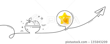 Fruits line icon. Continuous line with share plane. Vegetarian food sign. Apple and orange symbol. 3d star in speech bubble. Fruits single line ribbon. Loop curve pattern. Vector 135843209