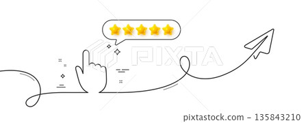 Hand Click line icon. Continuous line with share plane. Finger touch sign. Cursor pointer symbol. Five star rate review in speech bubble. Hand click single line ribbon. Loop curve pattern. Vector 135843210