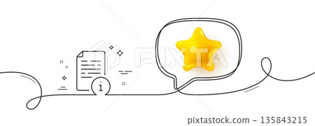 Instruction line icon. Continuous line with 3d star. User manual sign. Information document symbol. 3d star in speech bubble. Manual single line ribbon. Loop curve pattern. Vector 135843215
