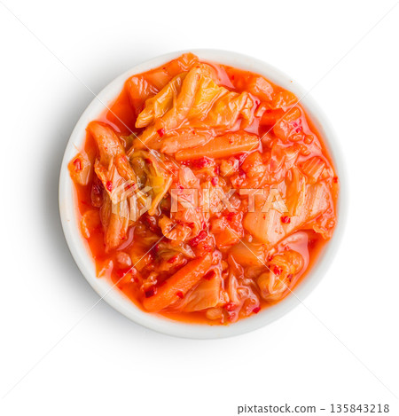 Fermented cabbage. Kimchi. Korean food in bowl isolated on white background. 135843218