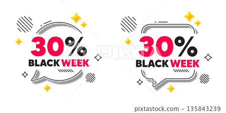 Black week chat speech bubble. Social media concept. Black week 30 percent sale. Special discount sign. Black friday offer symbol. 3d flare stars chat bubble. Vector Black week chat speech bubble. Social media concept. Black week 30 percent sale. Special discount sign. Black friday offer symbol. 3d flare stars chat bubble. Vector 135843239