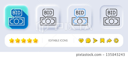 Bid offer line icon. Neumorphic, Flat shadow, 3d buttons. Auction sign. Raise the price up symbol. Line bid offer icon. Social media icons. Vector 135843243