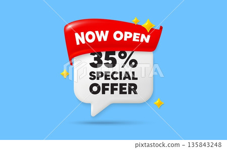 Discount chat speech bubble. Now open flag ribbon. 35 percent discount offer tag. Sale price promo sign. Special offer symbol. 3d sparkle stars speech bubble. Vector 135843248