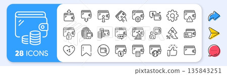 Wallet line icons. Interest rate, AI generate, Inflation icons. Money transfer, Credit card payment, Withdraw funds icons. Cash purse, Fingerprint access and online Wallet. Vector Wallet line icons. Interest rate, AI generate, Inflation icons. Money transfer, Credit card payment, Withdraw funds icons. Cash purse, Fingerprint access and online Wallet. Vector 135843251