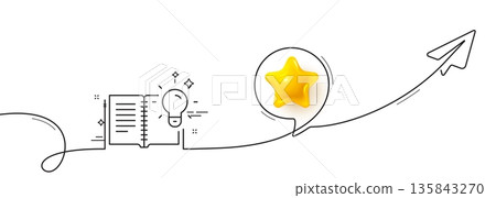 Product knowledge line icon. Continuous line with share plane. Education process sign. 3d star in speech bubble. Product knowledge single line ribbon. Loop curve pattern. Vector Product knowledge line icon. Continuous line with share plane. Education process sign. 3d star in speech bubble. Product knowledge single line ribbon. Loop curve pattern. Vector 135843270