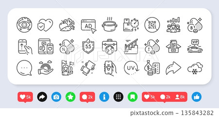 Uv protection, Iodine mineral and Music app line icons pack. Social media: share, comment, like icons. Ad, Delivery time, Stairs web icon. Ph neutral, Cyber attack, Thiamine vitamin pictogram. Vector Uv protection, Iodine mineral and Music app line icons pack. Social media: share, comment, like icons. Ad, Delivery time, Stairs web icon. Ph neutral, Cyber attack, Thiamine vitamin pictogram. Vector 135843282