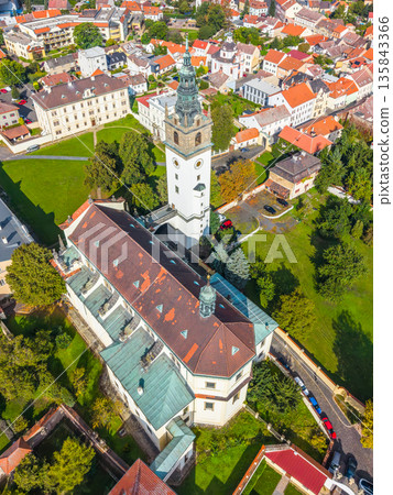 This aerial view captures St. Stephen's Cathedral in Litomerice, Czechia, surrounded by colorful rooftops and greenery. The drone provides a unique perspective of the historic architecture. 135843366
