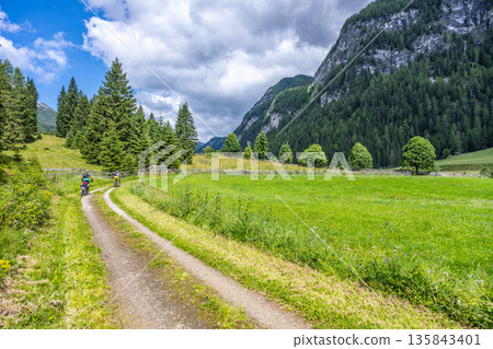 A picturesque path winds through a lush green meadow, surrounded by majestic mountains in Austria. A couple enjoys a leisurely walk, embracing the beauty of nature and tranquility. 135843401