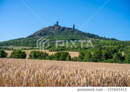 Hazmburk castle ruins stand majestically atop a hill in Czechia, surrounded by lush fields and trees. This medieval site offers a glimpse into the rich history of the Central Bohemian Uplands. Hazmburk castle ruins stand majestically atop a hill in Czechia, surrounded by lush fields and trees. This medieval site offers a glimpse into the rich history of the Central Bohemian Uplands. 135843415