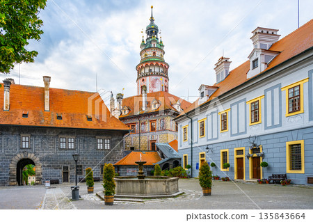 Visitors stroll through the town square in Cesky Krumlov, Czechia, admiring the Castle Tower and colorful buildings. The historic site is a UNESCO World Heritage location that draws many tourists. Visitors stroll through the town square in Cesky Krumlov, Czechia, admiring the Castle Tower and colorful buildings. The historic site is a UNESCO World Heritage location that draws many tourists. 135843664