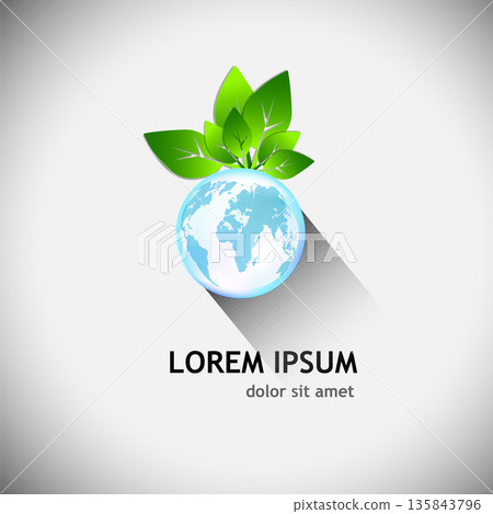 Logo object: globe and green leaves. Hand drawn. Not AI, vector illustration. Logo object: globe and green leaves. Hand drawn. Not AI, vector illustration. 135843796