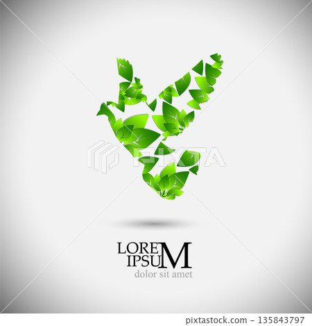 Dove made of green leaves. Green Bird Creative Eco Symbol Concept abstract. Hand drawn. Not AI, vector illustration. Dove made of green leaves. Green Bird Creative Eco Symbol Concept abstract. Hand drawn. Not AI, vector illustration. 135843797