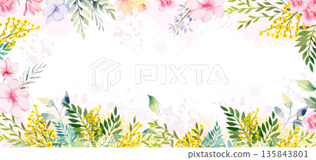 Horizontal long floral spring frame with mimosa . Hand drawn. Not AI, vector illustration 135843801