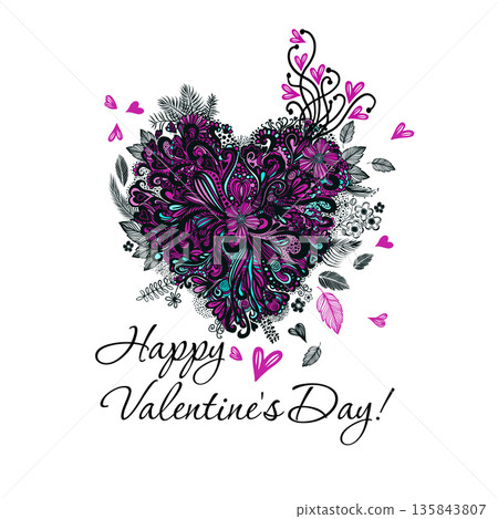 Heart of violet flowers. Happy Valentine's Day. Hand drawn. Not AI, vector illustration. Heart of violet flowers. Happy Valentine's Day. Hand drawn. Not AI, vector illustration. 135843807
