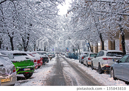City street during winter snow 135843810