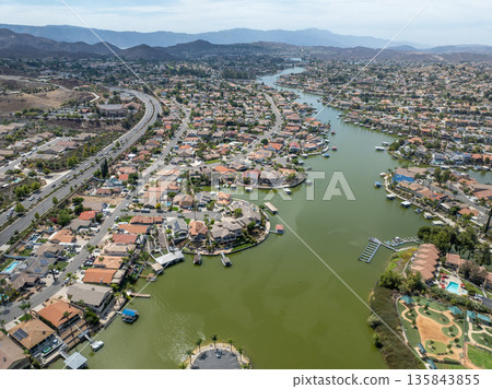Aerial view of Lake Elsinore, California, USA. Aerial view of Lake Elsinore, California, USA. 135843855