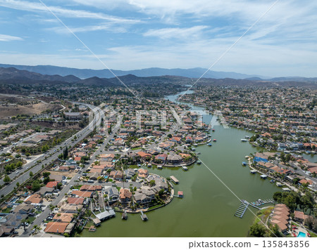 Aerial view of Lake Elsinore, California, USA. Aerial view of Lake Elsinore, California, USA. 135843856