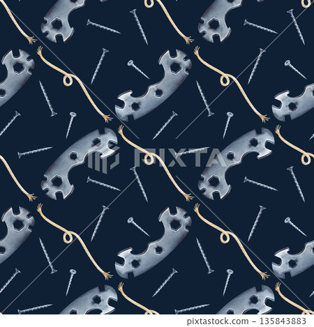 Diagonal seamless pattern with a metal bicycle key, a piece of jute rope and self-tapping screws on a dark background. Watercolor illustration with men's working tools. Realistic template for 135843883