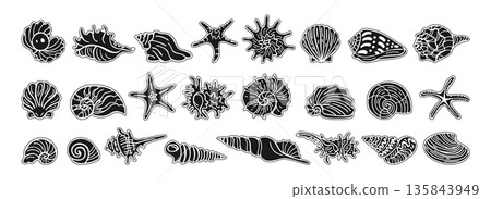 Various Seashells Starfish Ink Silhouette Style Sticker Set Hand Drawn Marine Nautical Illustration 135843949