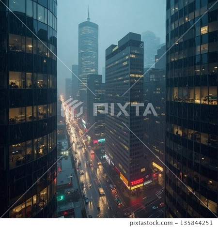 下雨天的城市景觀 135844251