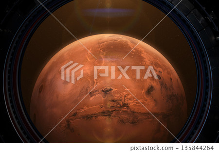 View from porthole of a spaceship to Mars planet 135844264