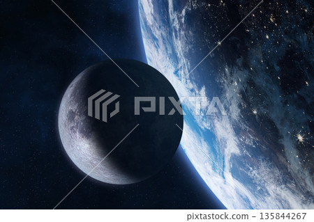 Moon and Earth at Night Seen from Space. 135844267