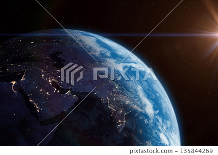Earth from the space and Sun. Asia at night. 135844269