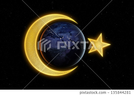 Earth in space with Crescent and Star. Symbol of Islam. Ramadan. 135844281